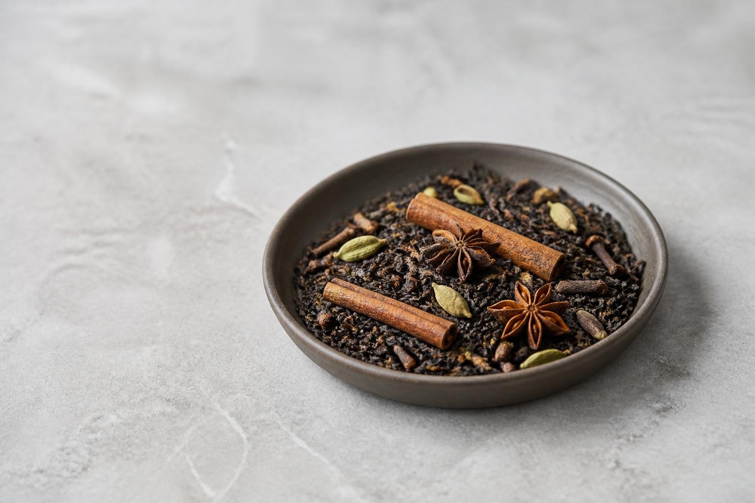 Loose-leaf black tea with cinnamon, cardamom, star anise and cloves in a ceramic dish